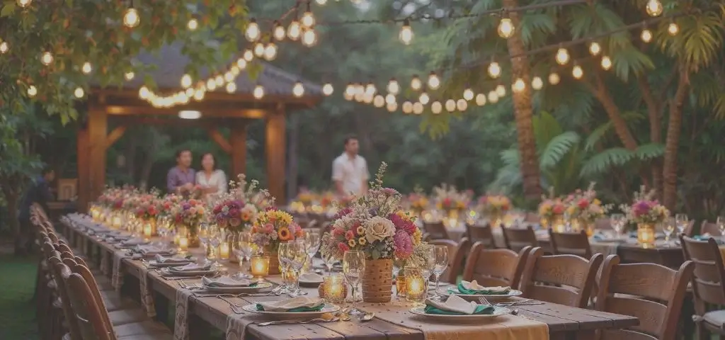 Long dining table set with floral centrepieces for a catered corporate dinner